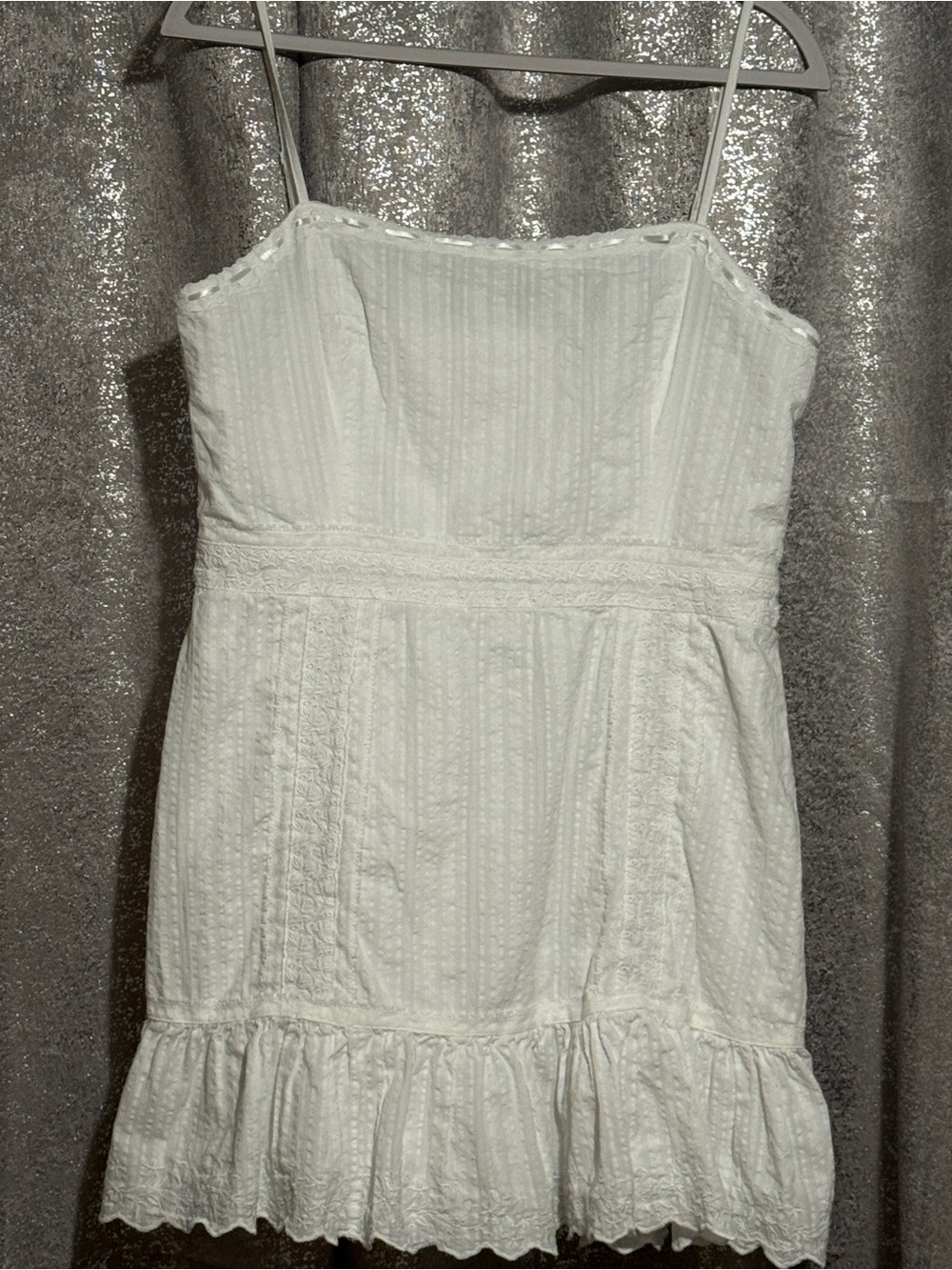 Aeropostale White Adjustable Strap Mini Dress, Lined, Soft Lace, Ruffle hem, XL